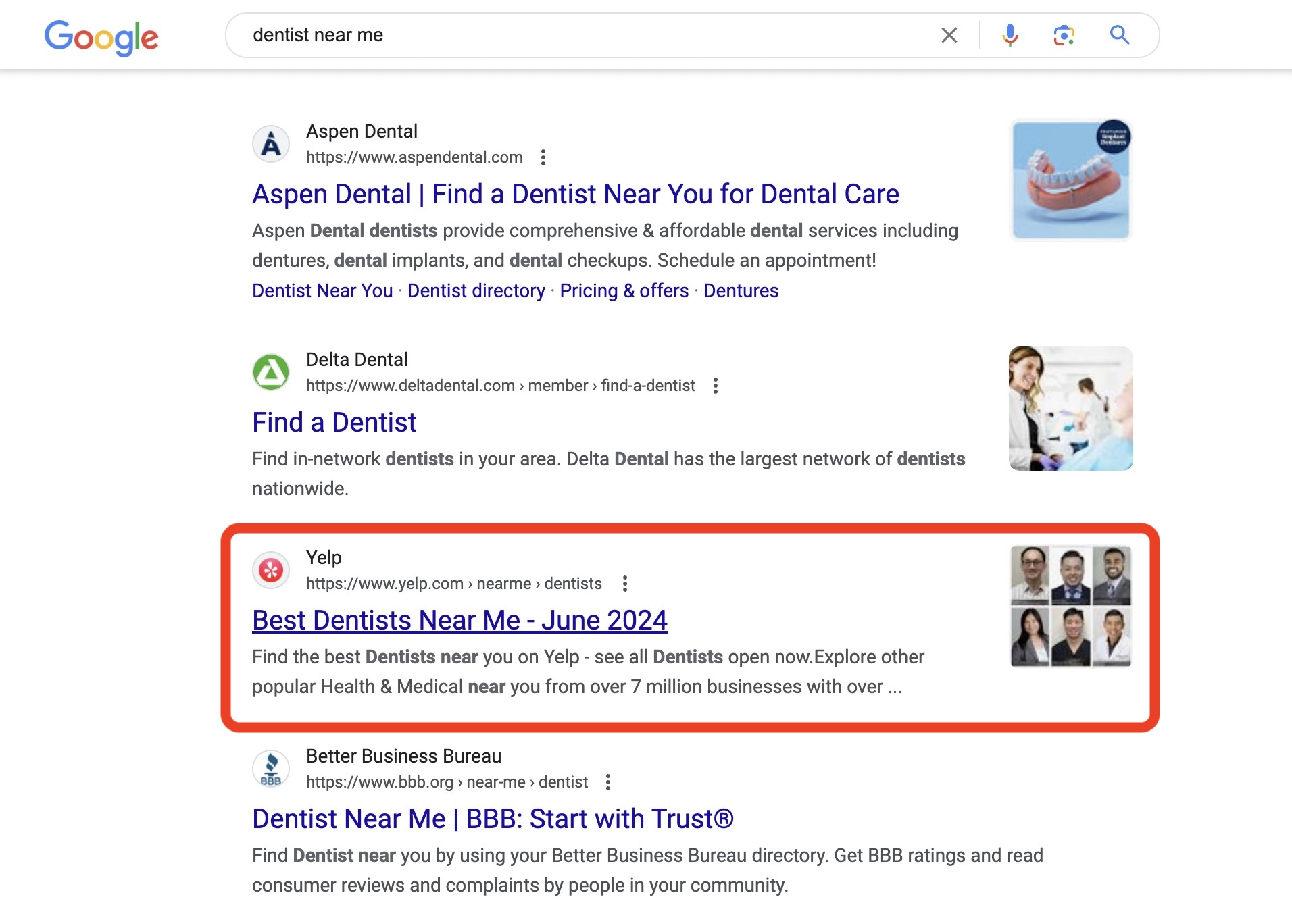 screenshot of yelp showing in serp results for dentist near me query